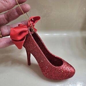 Red Glitter High Heel/Stiletto Ornament with Bow Accent- Very Sparkly!
